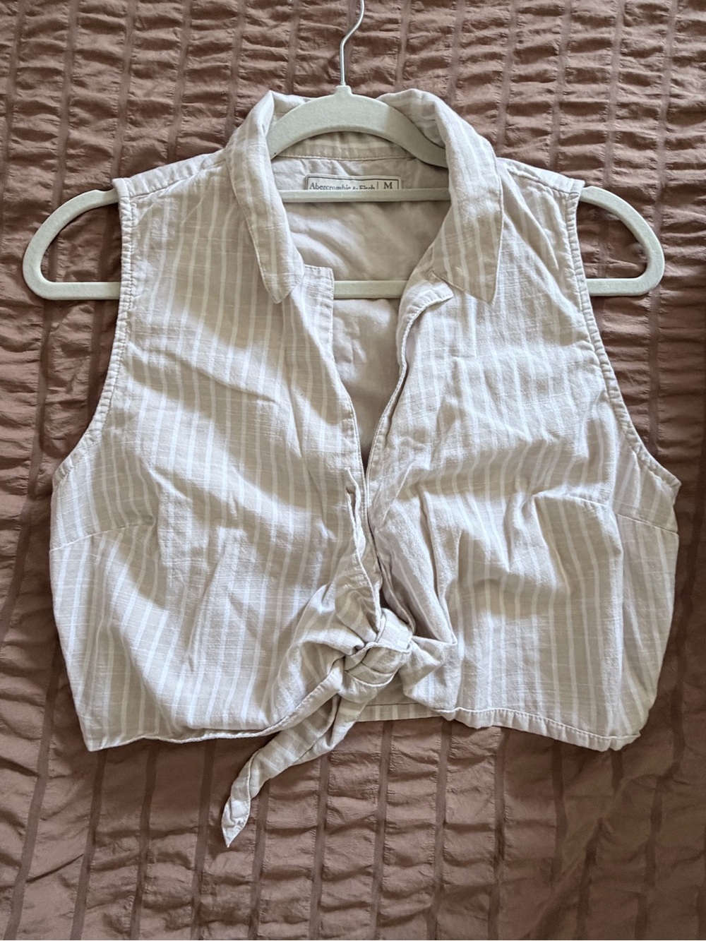 Abercrombie & Fitch Light Beige Striped Sleeveless Tie-Front Shirt